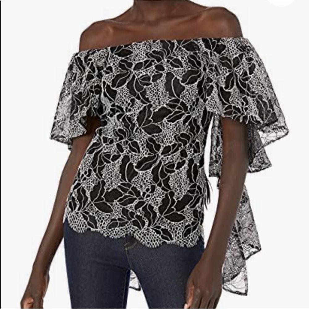 Halston Heritage Off the Shoulder Flounce Mesh Lace Embroidered Top 14